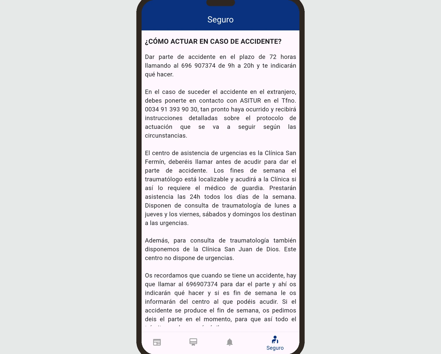 Captura real de la app de licencia federativa: la pantalla de Seguro con el protocolo de actuación