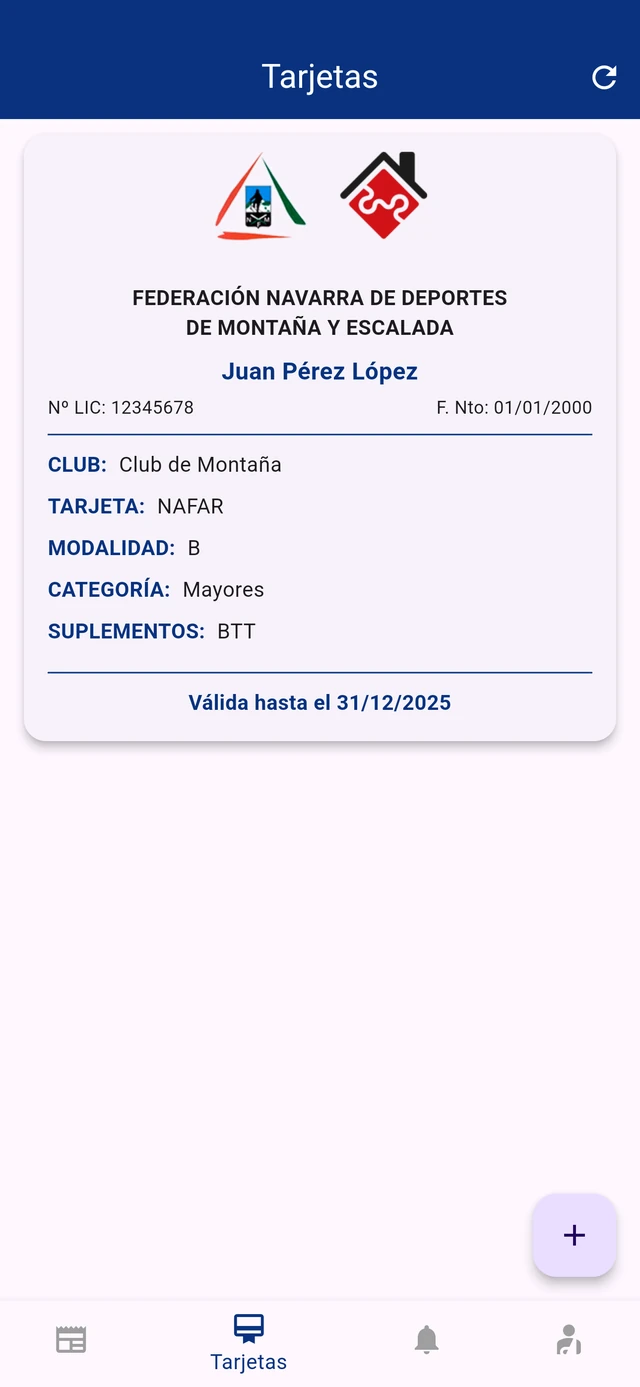 Captura real de la app de licencia federativa: la tarjeta del federado en el teléfono móvil