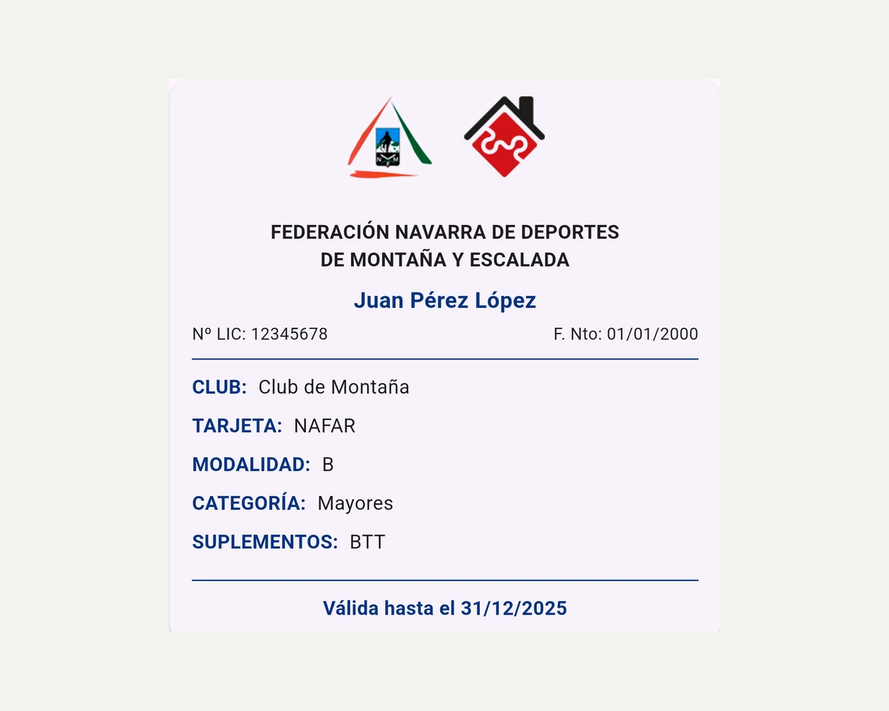 Tarjeta de licencia federativa real, con datos de ejemplo