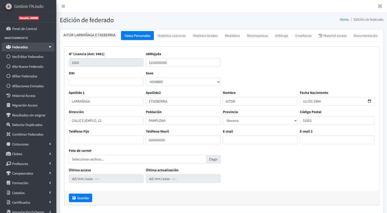Ficha de un federado con sus datos personales y el número de licencia