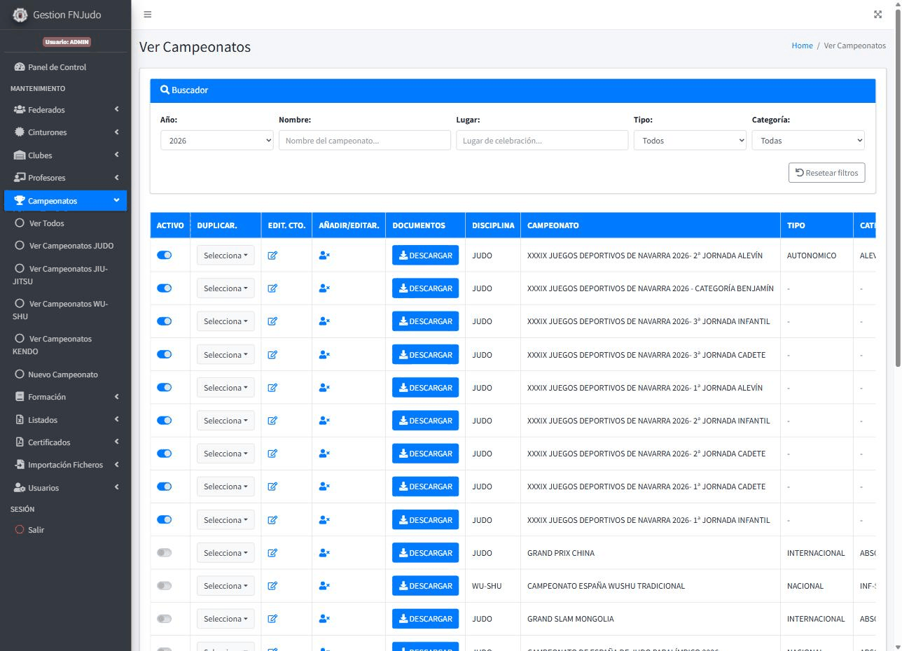 Listado interno de campeonatos con filtros por año, tipo y categoría, y columnas de disciplina, tipo y documentación