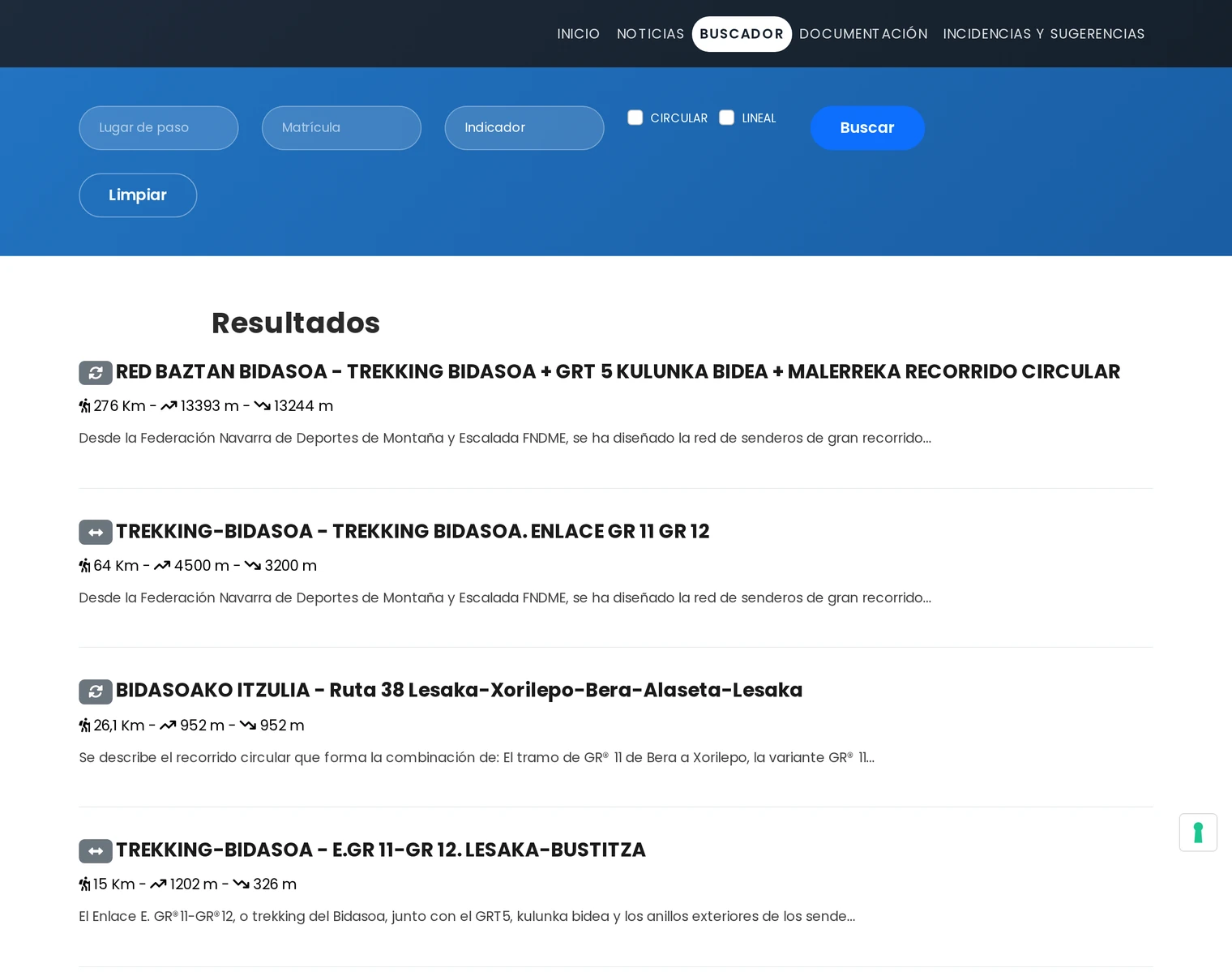 Pantalla del buscador de senderos con filtros por tipo de ruta, distancia y forma del recorrido