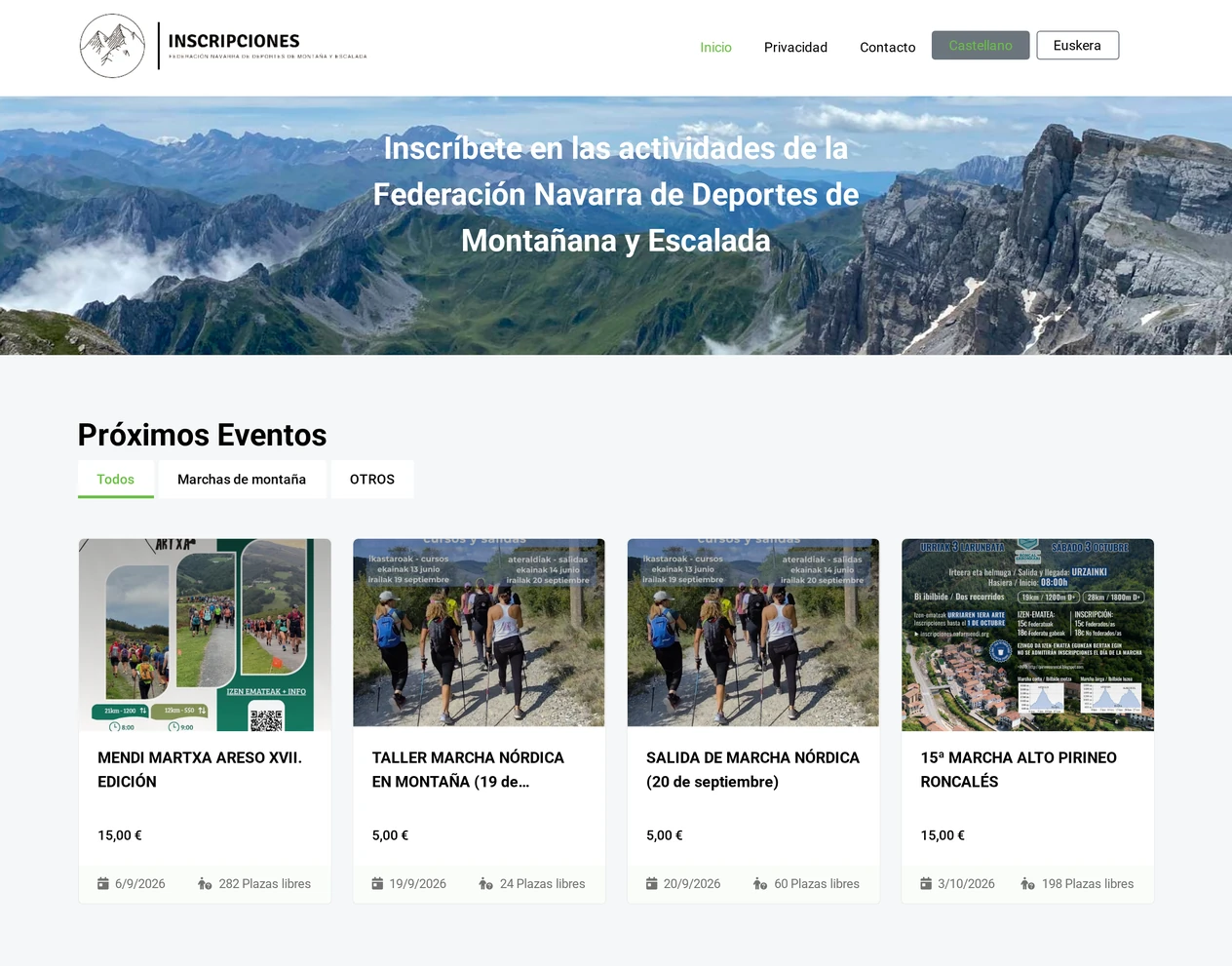 Listado público de próximas actividades con su precio, fecha y plazas disponibles