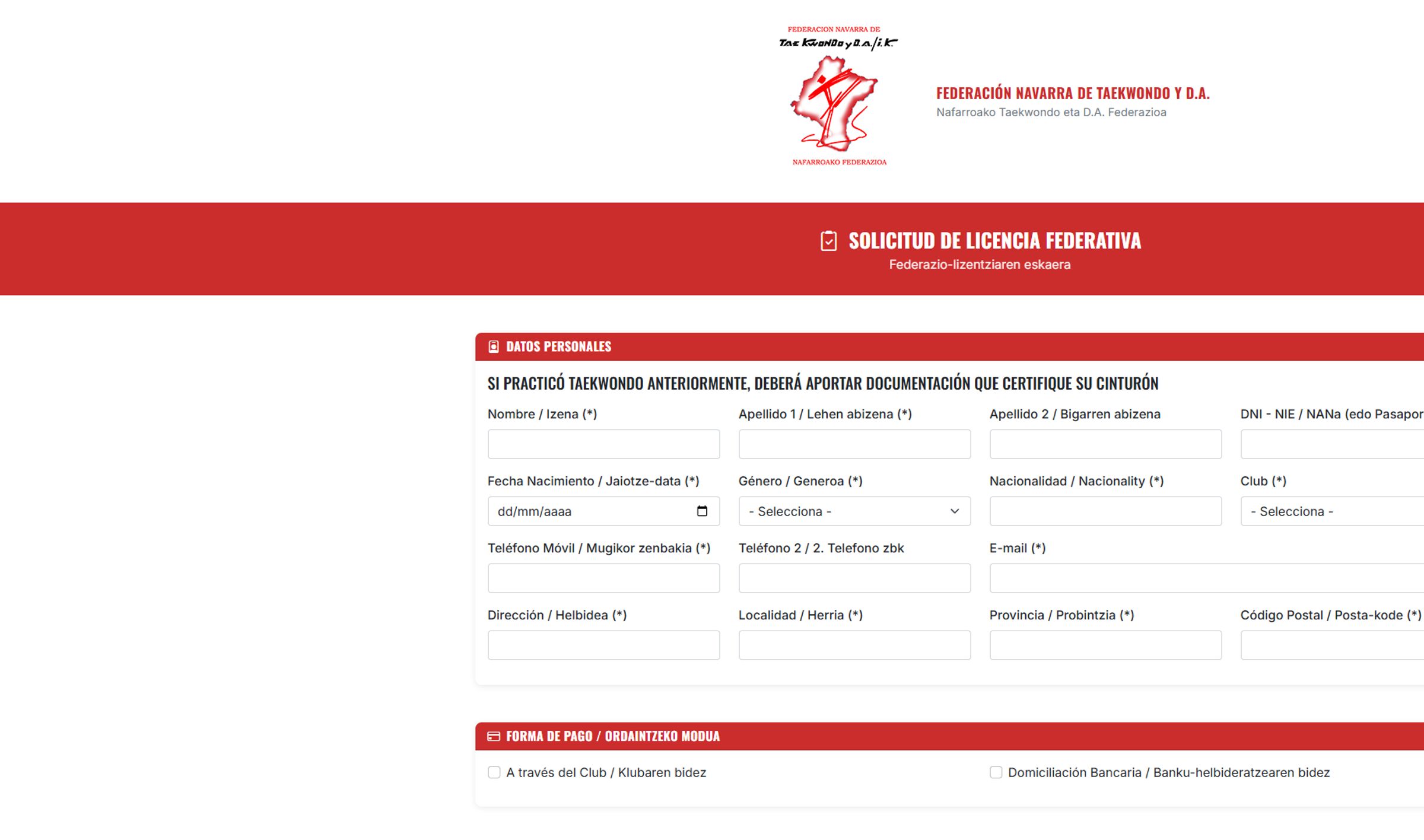 Formulario bilingüe de solicitud de licencia de la Federación Navarra de Taekwondo