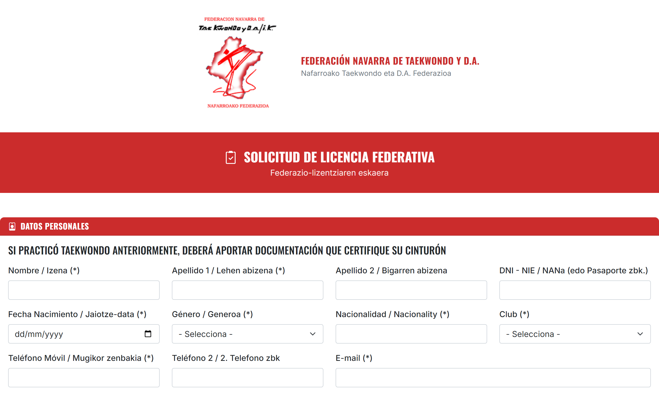 Formulario bilingüe de solicitud de licencia de la Federación Navarra de Taekwondo