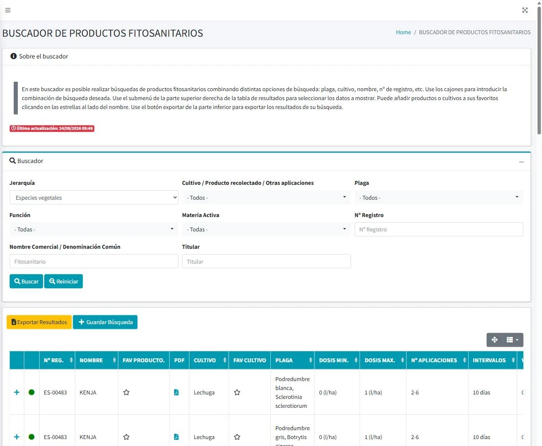 Pantalla de búsqueda de Fitovademecum con filtros por cultivo, plaga y materia activa y una lista de resultados de productos