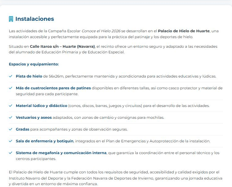Ficha de instalaciones del Palacio de Hielo de Huarte en la web de la campaña, con el listado de espacios y equipamiento