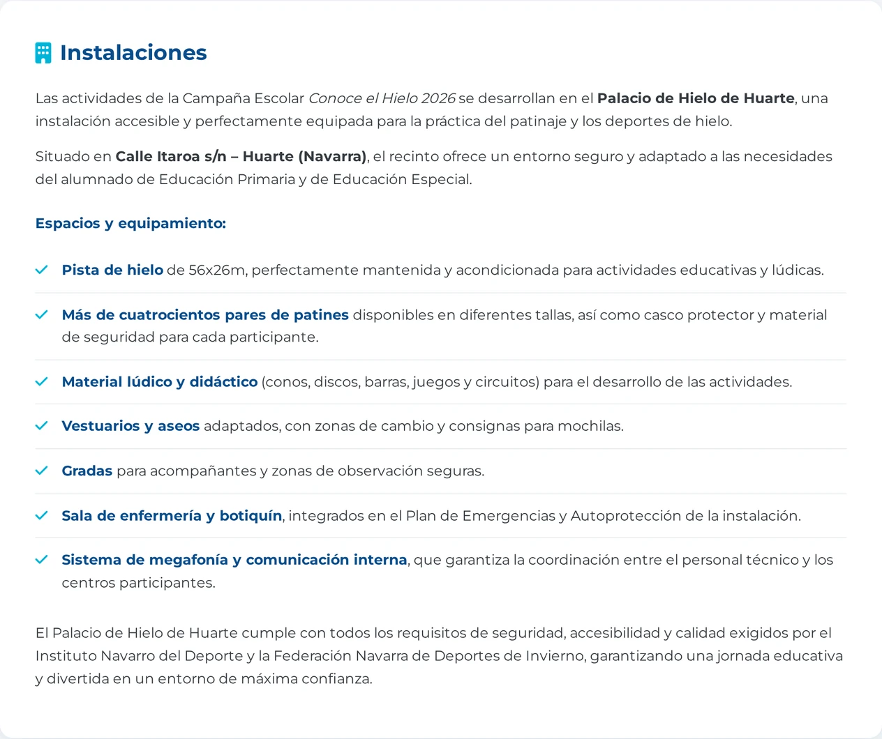 Ficha de instalaciones del Palacio de Hielo de Huarte en la web de la campaña, con el listado de espacios y equipamiento