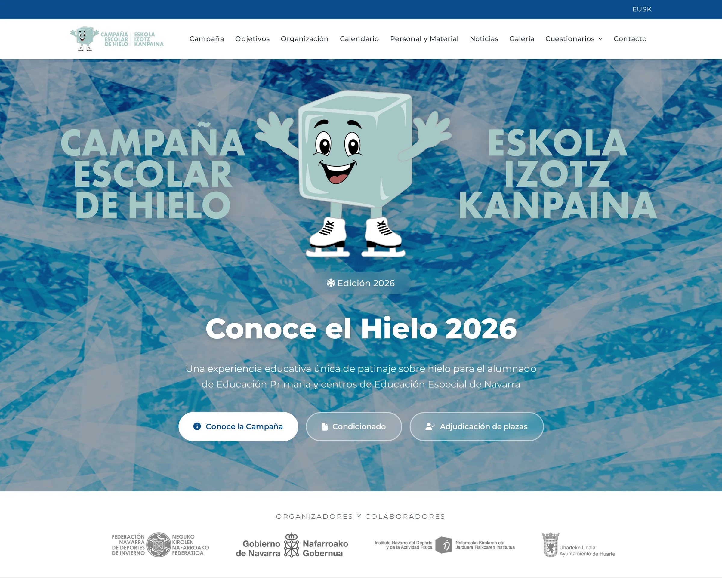 Portada de la campaña escolar de hielo de la FNDI, con la presentación, la mascota Kubi y los organizadores
