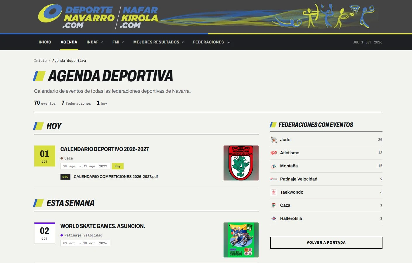 Agenda de Deporte Navarro con los eventos de hoy, la primera cita de esta semana y las federaciones con eventos