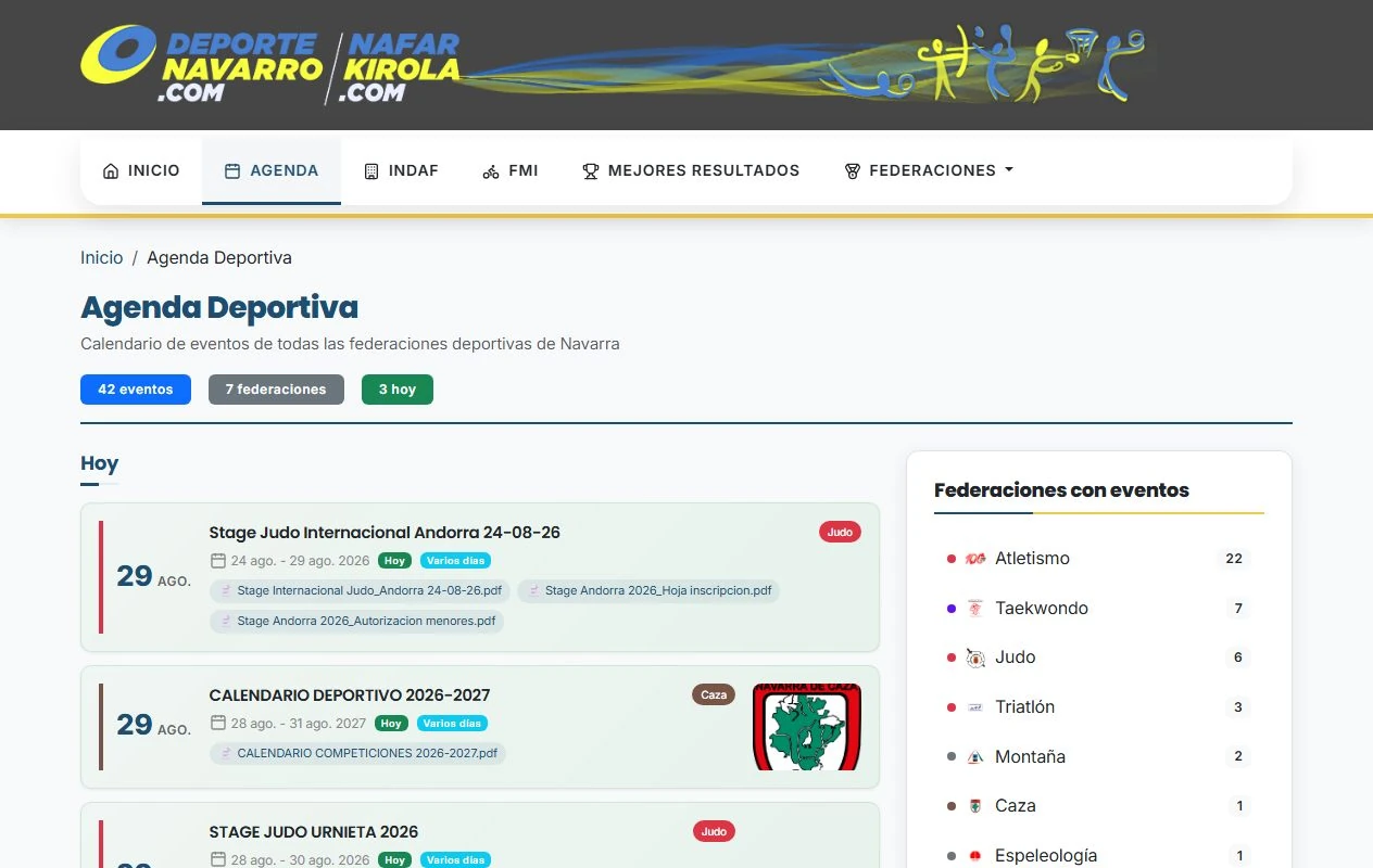 La agenda deportiva del portal, con los eventos de todas las federaciones navarras agrupados en un calendario
