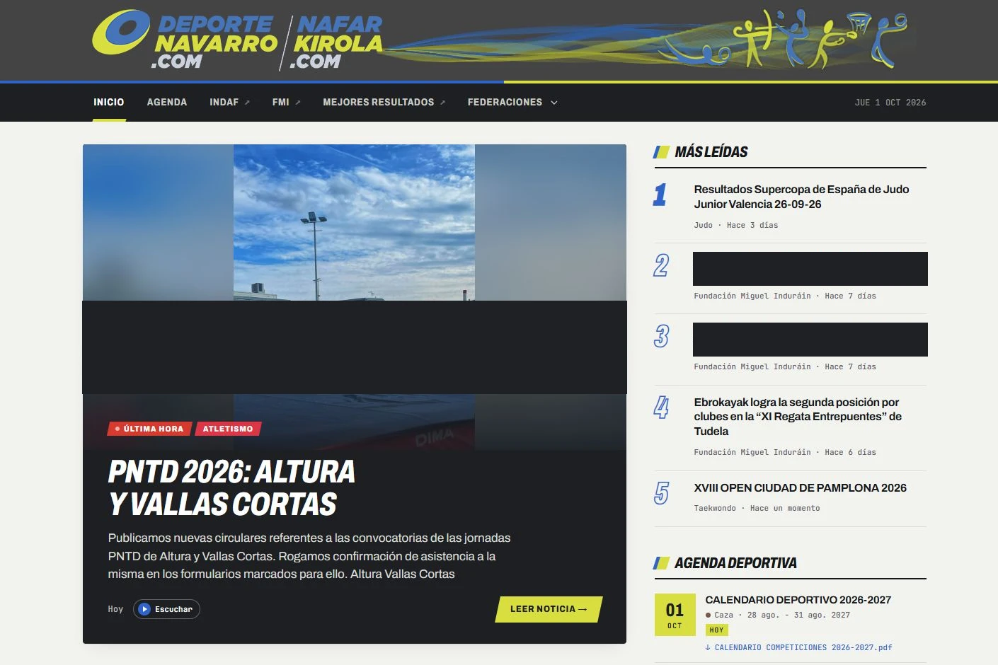 Portada de Deporte Navarro con una noticia destacada de atletismo, la lista de más leídas y la agenda lateral