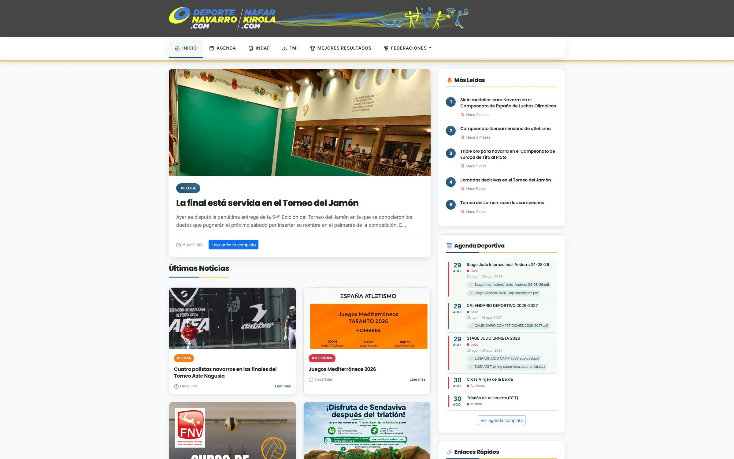 Portada del portal con las noticias de todas las federaciones deportivas de Navarra, ordenadas por actualidad