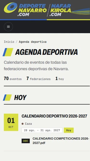 Agenda deportiva de Deporte Navarro en móvil, con la cita de hoy y su documento de calendario