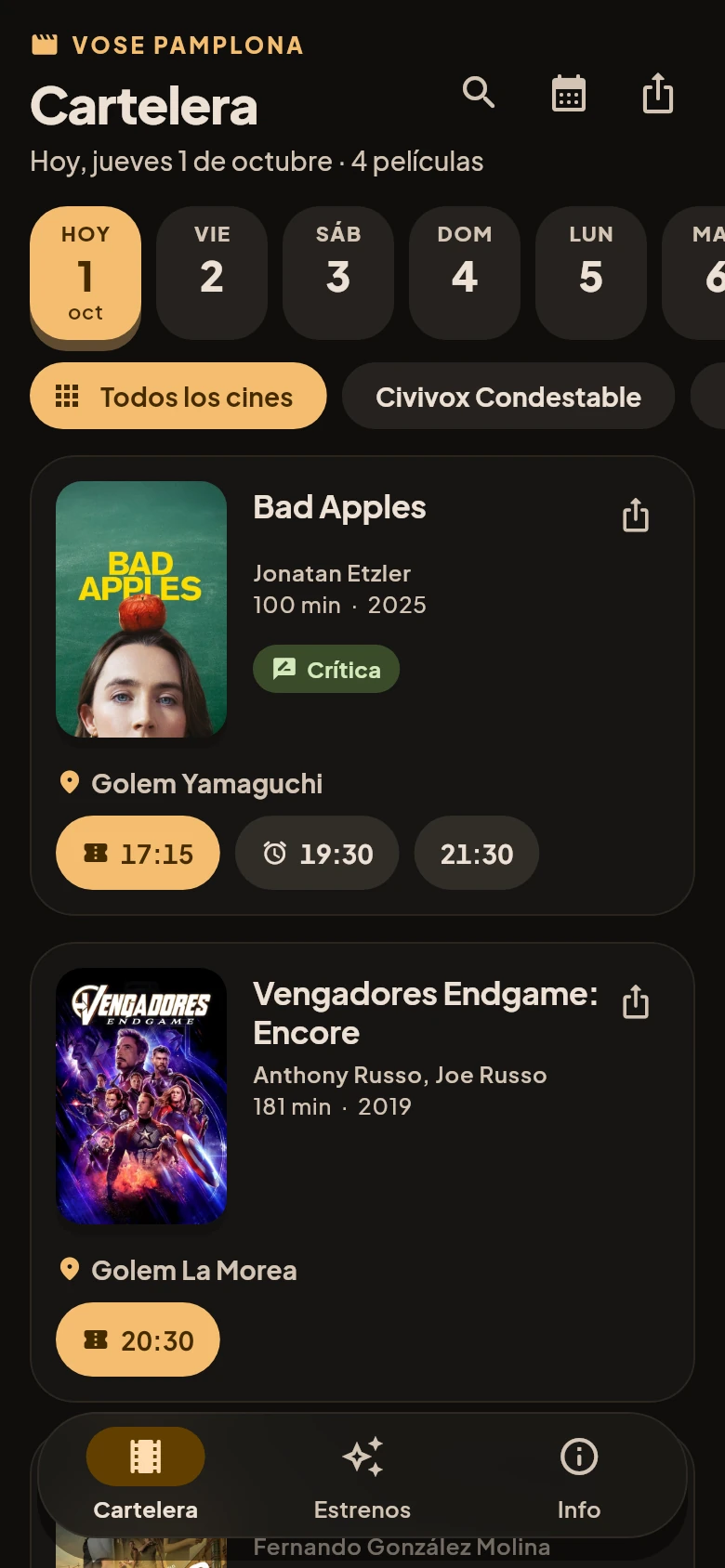 Pantalla de cartelera de la app: tira de días, filtro por cine y películas con sus horarios, con la próxima sesión destacada