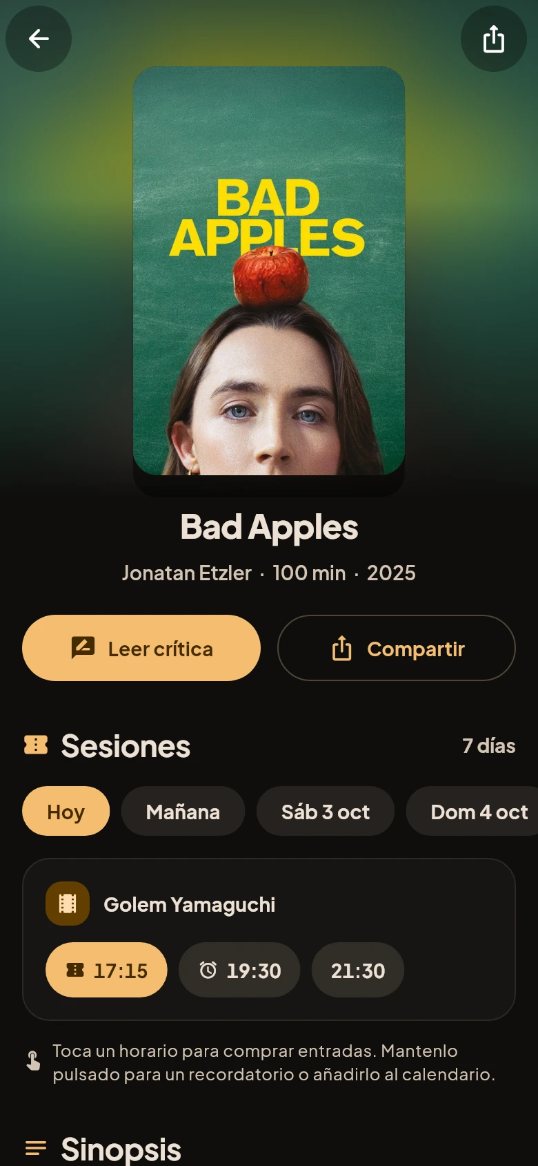 Ficha de una película en la app con su cartel, director, duración, botones de crítica y compartir y las sesiones por día