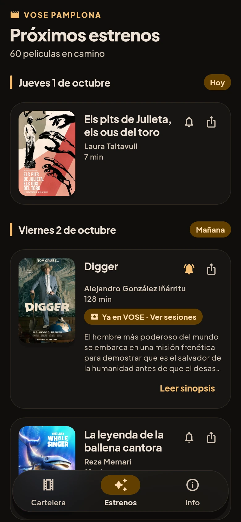 Pantalla de próximos estrenos con la campana para seguir una película y la etiqueta Ya en VOSE con acceso a sus sesiones