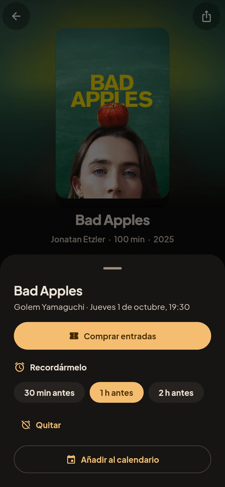 Opciones de una sesión en la app: comprar entradas, recordatorio media hora, una hora o dos horas antes y añadir al calendario